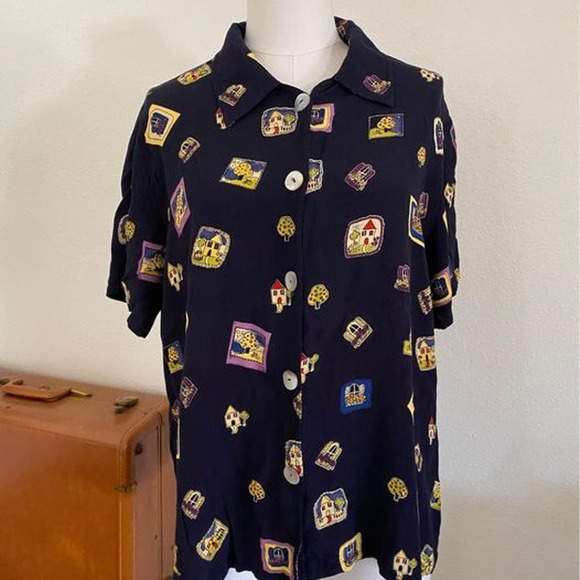 Vintage 1980s/90s David Dart Collection Saks Fifth Ave Navy Houses Stamp Blouse - Picture 1 of 7
